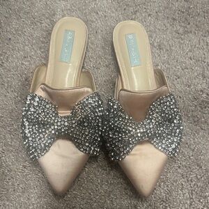 Glamorous Betsey Johnson Rhinestone Bow Satin Mules